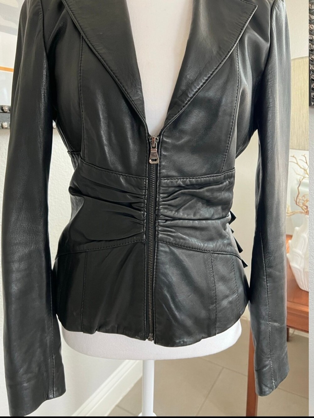 GUESS Black Leather Jacket with Ruffled Peplum